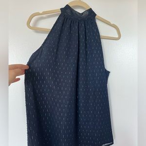 High neck tie sleeveless dress blouse with metallic thread